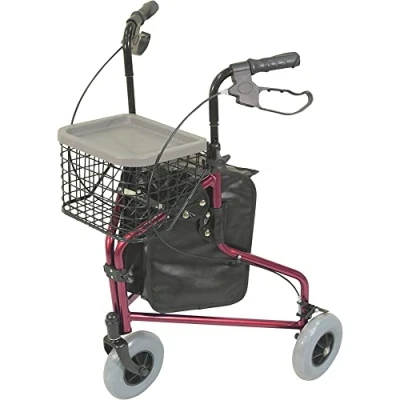 Image of Aidapt Red Folding Light Weight Aluminium 3 Wheeled Tri Walker Rollator Mobility Aid with Carry Bag, Basket, Tray and Lockable Brakes for Indoor Outdoor use.