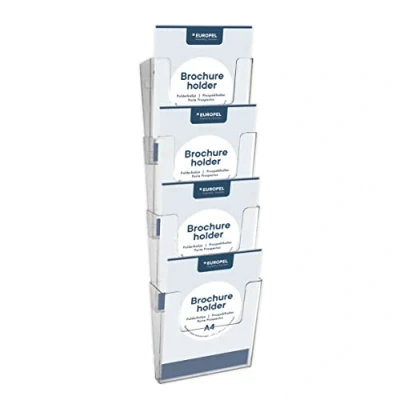 Image of Europel Wall Mounted Brochure Holder, Four Tier Dispenser, A4, Crystal Clear Acrylic, Connectable, Portrait, 350103.