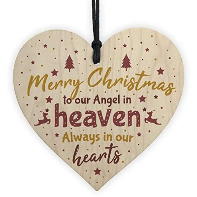 Image of RED OCEAN Christmas In Heaven Wooden Heart Memory Of Dad Mum Memorial Xmas Tree Bauble Decoration