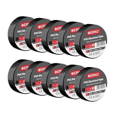 Image of ERKO Insulation Tape Black 10 Pack 15mm x 10m High Flexibility PVC Electrical Strong Adhesive, Chemical Resistant, Waterproof Professional for Wiring up to 6kV