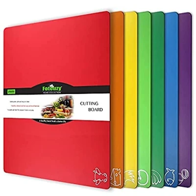 Image of Fotouzy Plastic Cutting Boards for Kitchen, Flexible Mats Set of 7 with Food Icons, BPA Free, Upgrade 100% Anti Skid, Dishwasher Safe, 15x12 in, Rainbow Colors