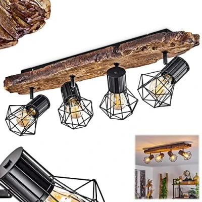 Image of Bardhaman ceiling lamp, metal lamp in black/wood look, retro/vintage design spotlight with adjustable lampshades lattice look light effect, 4 flame, E27 socket, bulbs not included