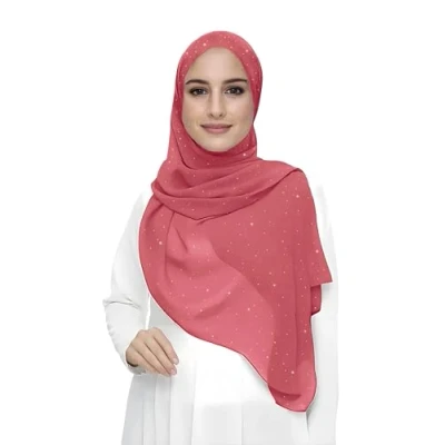 Image of Sparkle Shimmer Gold Glitter Women&#039;s Chiffon Hijab Head Scarf Lightweight (Coral)