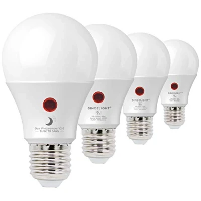 Image of SINCELIGHT Dusk to Dawn LED Light Bulb 9W with Dual Photocell Sensors, ON/Off Automatic Depends on The Daylight Level, Outdoor Night from Till Dawn, Security Bulbs, Neutral 4000K, 4 Pack