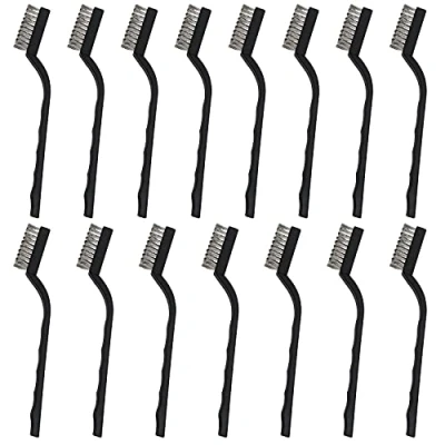 Image of Belle Vous Mini Stainless Steel Wire Brush (15 Pack) Scratch Bristles with Curved Plastic Handle &amp; Hanging Hole Brushes For Cleaning Masonry, Stove, Sink, Metal Work, Welding Slag, Rust Dust