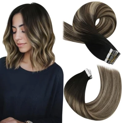Image of Moresoo Tape in Extensions Human Hair Balayage Real Natural Black Ombre Dark Blonde with Strawberry Remy 14 Inch 20 Pieces/50g #1B/3/27
