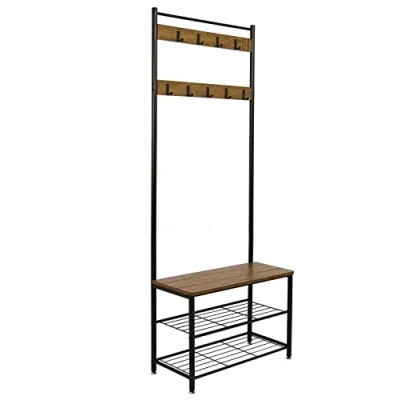 Image of Meerveil Coat Rack Stand, Shoe Rack, Clothes Storage Bench with 9 Hooks, Metal Hall Tree, Frame for Bedroom, Living, Room Hallway (Brown), Retro