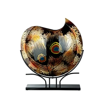 Image of GILDE GLAS art Decorative Vase on Metal Stand Glass with Feathers Living Room Decoration Gift for Women Christmas Birthday Colour: Brown Gold Black Height 37 cm