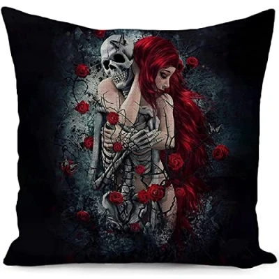 Image of HUASHUZI Skull Gothic Cushion Cover Sugar Skeleton Decorations Rose Girl Black Throw Pillow Case Double sided Design Home Decor for Livingroom Couch Sofa Gifts 18&quot;x18&quot;(45x45cm)