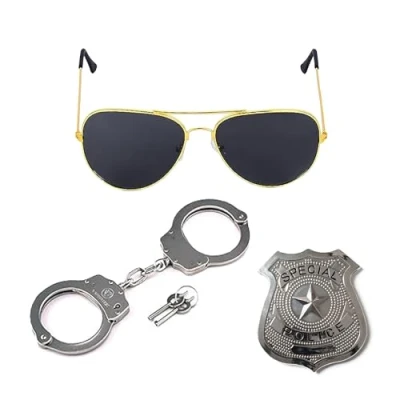Image of Lizzy Adult&#039;s 3pc Police Fancy dress Set sunglasses, handcuffs, badge Theme Party Mens outfit Accessory Cosplay, Halloween