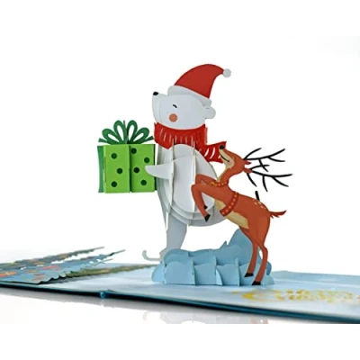 Image of Christmas Bear and Reindeer 3D Pop Up card. A Delightful holiday surprise greeting card gift For kids, friends, family loved ones. decor parties.15cmx15cm
