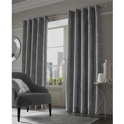 Image of Olivia Rocco Luxury Crushed Velvet Eyelet Curtains, Designer, Fully Lined Ring Top Curtain Pair, Silver, 66&quot;x 72&quot;
