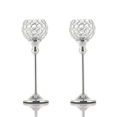 Image of 2 Pack Crystal Tea Light Candle Holders Candlesticks for Coffee Table Decorative Home Accessories Weddings and Parties (Silver, 33CM)