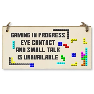Image of Handmade Wooden Hanging Wall Plaque Gaming In Progress Novelty Gift Gamers Computer Game Fans Man Cave Sign