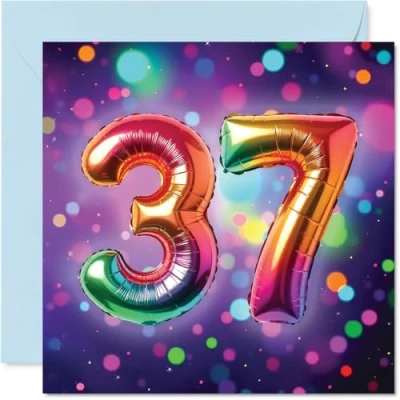 Image of 37th Birthday Cards for Women Men Rainbow Foil Balloon Happy Card 37 Year Old Woman Man Cousin Sister Friend Dad, 145mm Bday Greeting