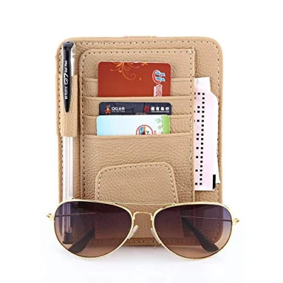 Image of Multi function Car Sun Visor Organizer Card Storage Glasses Holder Clip Pouch Bag Hanging PU Leather(Beige) Visors/Visors