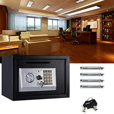 Image of Electronic Safe with Digital Keypad And 2 Emergency Overide key, 16L Black Security Safebox for Home Office Hotel Protect Money, Jewelry, Front Loading Coin Slot, Wall Floor Fixing, 35x25x25cm