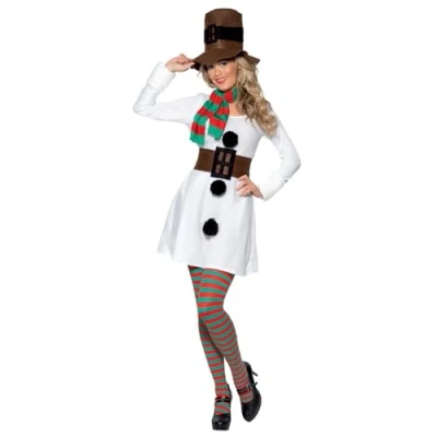 Image of Smiffys Miss Snowman Costume, White with Dress, Hat, Scarf &amp; Belt, Christmas Adult Fancy Santa Dress Up Costumes