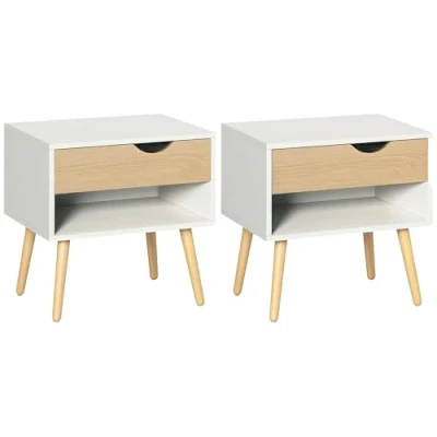 Image of HOMCOM Set of 2 Bedside Table with Drawer and Shelf, Modern Nightstand, End for Bedroom, Living Room, White