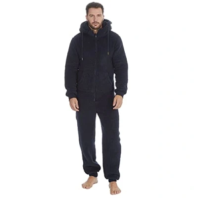 Image of Evotex Trading Mens All in One Borg Fleece Onesie Jumpsuit Pyjamas with Hood Navy Size L/XL