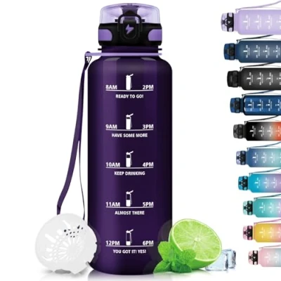 Image of Grsta Drinking Bottle 1.5 L Sports Water Bottle, BPA Free, Suitable for Carbonated Drinks, Leak Proof, with Filter and Time Marking Fitness, Gym, School Outdoor Use