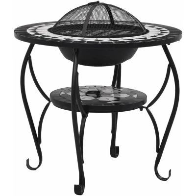 Image of vidaXL Mosaic Fire Pit Table Multi Purpose Barbecue Grill, Black and White Pattern Ceramic Tabletop Includes Mesh Cover, Coal Grid, Poker Tool