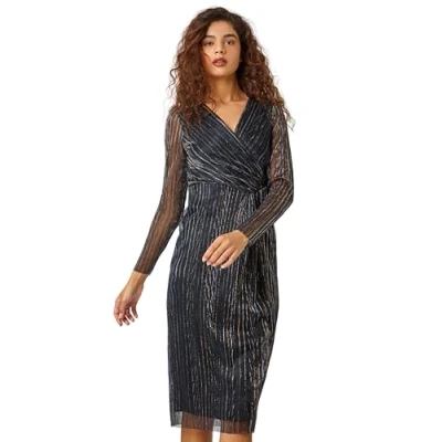 Image of Roman Womens Shimmer Stripe Print Midi Wrap Dress Black Size 12 UK