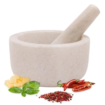 Image of H&amp;S Pestle and Mortar Set Premium Marble White 18cm(7.1&quot;) Diameter