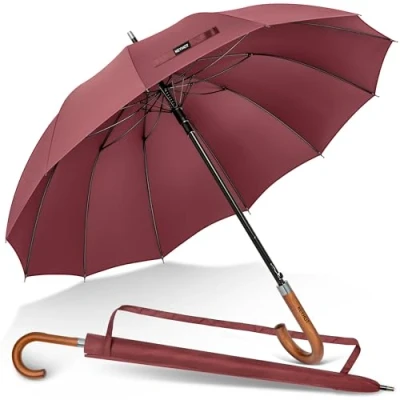 Image of KEYHOT Umbrellas Large 55 Inch Umbrella Windproof With Wood Handle Long Automatic Open 12 Ribs Strong Stick J Hook for Adult Mens Women （Burgundy）