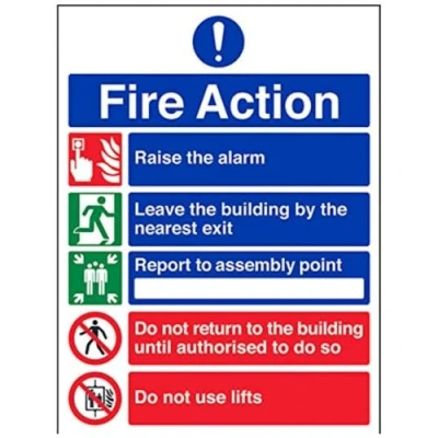 Image of V Safety 5 Message Fire Action Notice Sign 300mm x 400mm Self Adhesive Vinyl