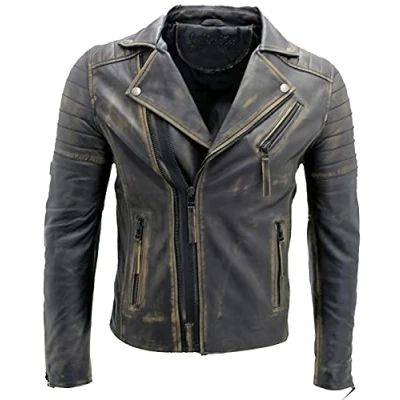 Image of Men&#039;s Black Rub Off Slim Fit Brando Style Double Cross Zip 100% Leather Biker Fashion Jacket L