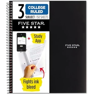Image of Five Star 3 Subject Wirebound Notebook, 8 1/2 X 11, College Ruled, 150 Sheets, Black (72069)