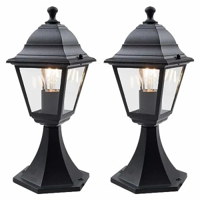 Image of firstchoicelighting Set of 2 Modern Black with Clear Glass Lantern Design Outdoor Post Lights, Garden Pedestal Light, IP44 Rated, Compatible LED Bulbs