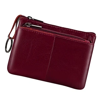 Image of Genuine Leather Coin Purse Pouch Triple Zipper Card Holder Wallet with Key Ring,Wine Red