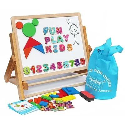 Image of Wooden Easel for Children Foldable Double Magnetic Boards Shapes Letters Numbers Paper Roll Kids Art Table Top Board Black White Drawing