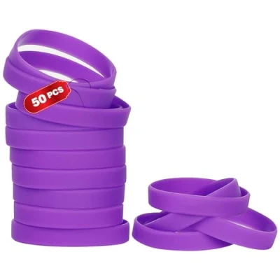 Image of 50PCS Silicone Bracelets Wristbands,Blank Rubber Wristbands Elastic Universal Wholesale Bracelet bands bulk for Adults Men Women Purple