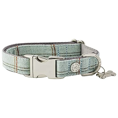 Image of HUGO &amp; HUDSON Tweed Dog Collar, Adjustable Quick Release Safety Metal Buckle, Aqua Checked, S