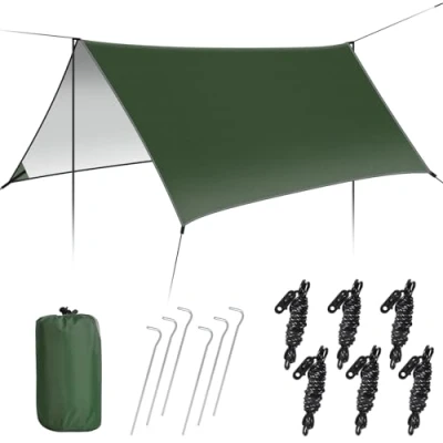 Image of GEEDIAR Hammock Rain Fly Tent Tarp 300 x 300cm PU3000MM Anti UV, Lightweight Waterproof Camping Shelter for Outdoor, Travel, Sunshade, Rain, Poles Not Included (Dark Green)