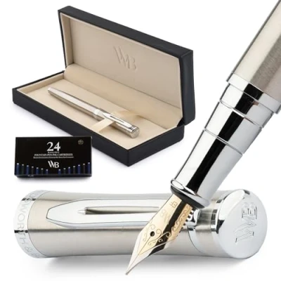 Image of Wordsworth &amp; Black Fountain Pen Set, Extra Fine Nib, Includes 24 Ink Cartridges and Refill Converter Gift Box, Journaling,[Silver Chrome]