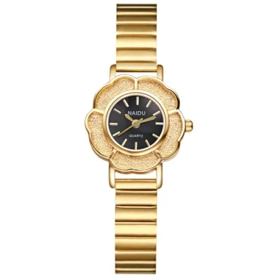 Image of JewelryWe Ladies Petite Wrist Watch: Women&#039;s Gold Black Floral Stainless Steel Strap Easy to Read Bar Scale Sunray Dial Analog Quartz Delicate Small Watch