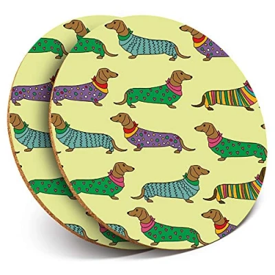 Image of 2 x Round Coasters Funny Dachshund Sausage Dogs Cork Backed Home Kitchen Accessory Tea Coffee Mug Mat #21466