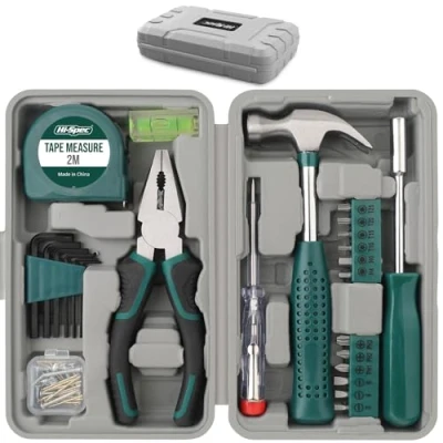 Image of 25pc Green Small Compact Hand Tool Kit Set for Home &amp; Office DIY. Household Basic Toolkit Starter Repairs in a Portable Box Case
