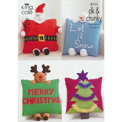 Image of King Cole DK &amp; Chunky Christmas Cushion Knitting Pattern Santa Rudolph Snowman Tree by Patterns