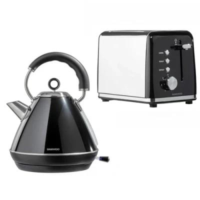 Image of Daewoo Kensington Collection, Kettle And Toaster Set, 1.7 Litre Pyramid With Matching 2 Slice Toaster, Safety Features, Easy Cleaning, Cohesive Kitchen Black