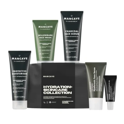 Image of ManCave Hydration+ Skincare Collection Gift Set, SPF 20 Protective Moisturiser, Face Wash, Scrub, Hyaluronic Serum, Anti Fatigue Eye Gel, Dermatologically Tested, Natural Formulations, Vegan
