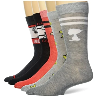 Image of Peanuts Men&#039;s Snoopy 5 Pack Crew Socks Casual, Grey Assorted, 9 13 UK