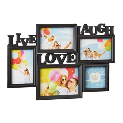 Image of Relaxdays Picture Frame Live Love Laugh, Hanging Gallery for 5 Photos in Various Sizes, 3D Collage, 31x45.5, Black