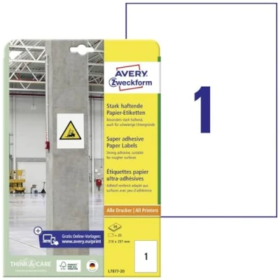 Image of AVERY Zweckform L7877 20 Strong Adhesive Labels (20 Stickers, 210 x 297 mm on A4, Extremely Self Adhesive, Even for Difficult Surfaces, Printable Power Labels), Sheets, White