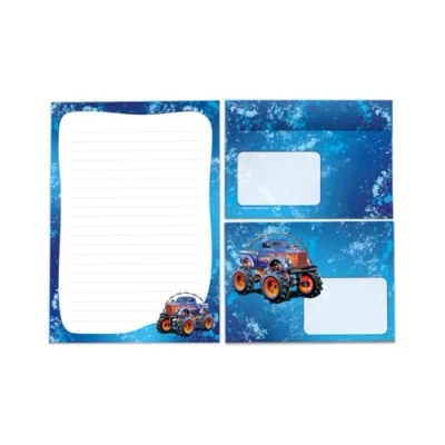 Image of Writing Paper Set Letter Pad with Envelope for Boys Children Monster Truck Dark Blue Car Children&#039;s Motif Lined (A5 25 Sheets + 15 Envelopes)