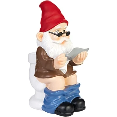 Image of BRUBAKER Garden Gnome on the Toilet with Glasses and Newspaper Funny Figurine Weatherproof Decoration for Camping Outdoor 8 inches tall